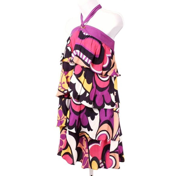 XSITE Colorful Abstract Patterned Tiered Ruffle Halter Dress - Picture 2 of 5